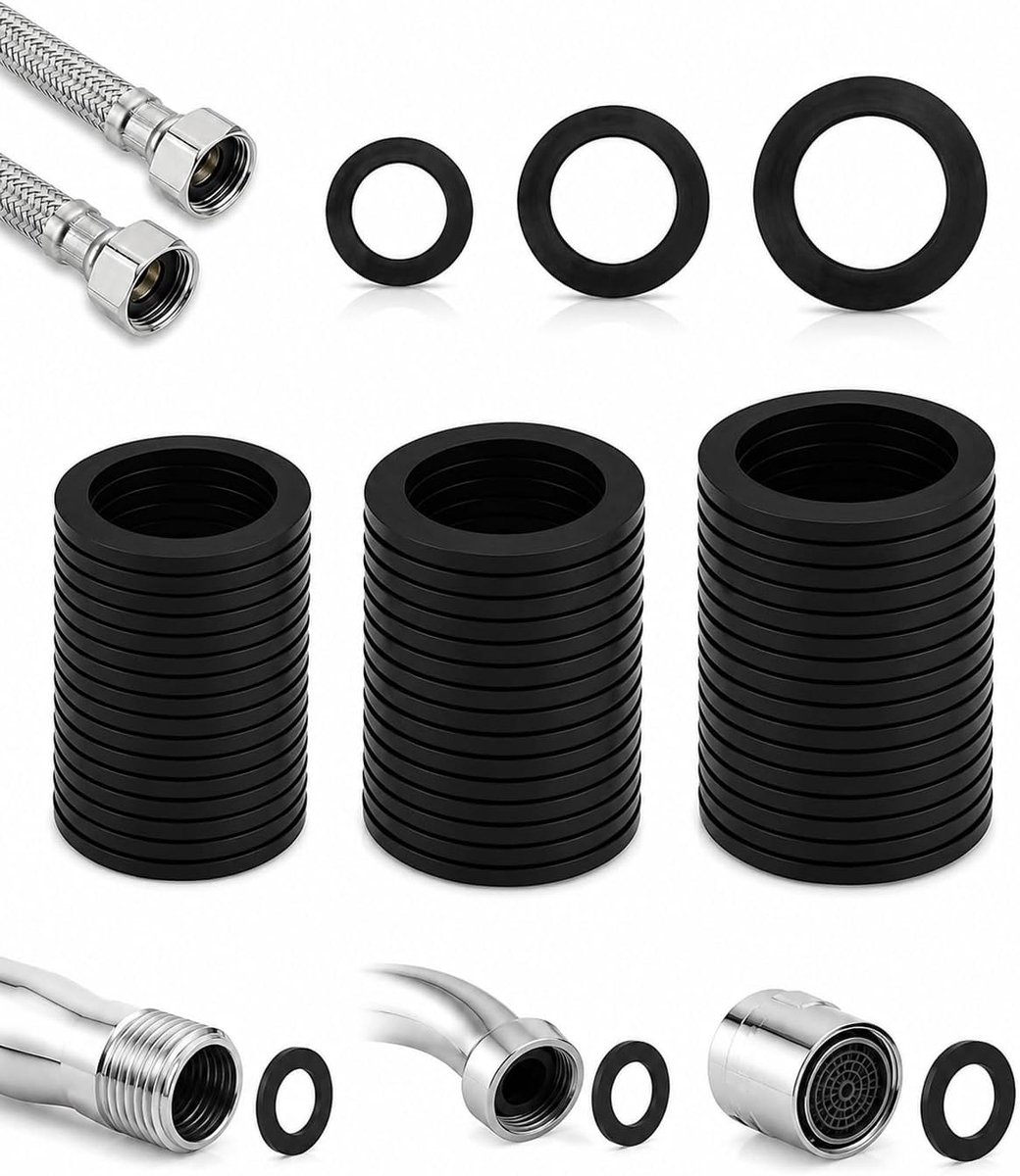 24 zwarte siliconen afdichtingen voor kranen, douches en wastafels, anti-lek afdichtringen, 1/2 inch, 3/4 inch, 1 - ShopVlot