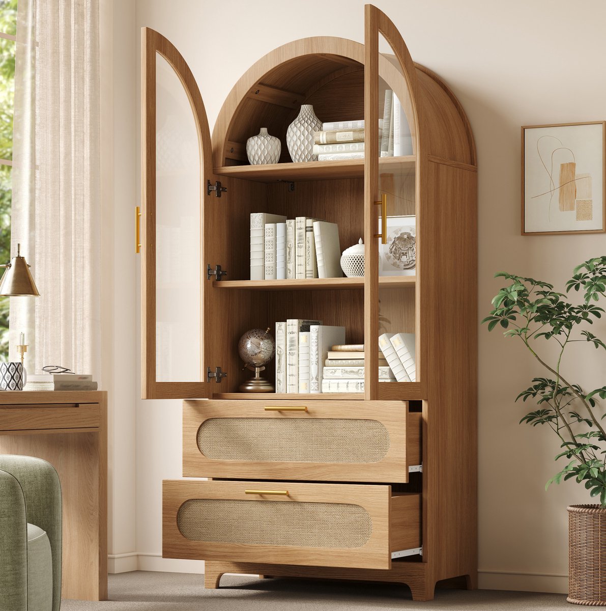 OKWISH Vitrinekast - Montmartreboog Met Glasdeuren - 2 Laden - 3 Verstelbare Planken - Retro Stijl - Houtkleurig MDF - 80 Bij 40 Bij 175 cm Eiken