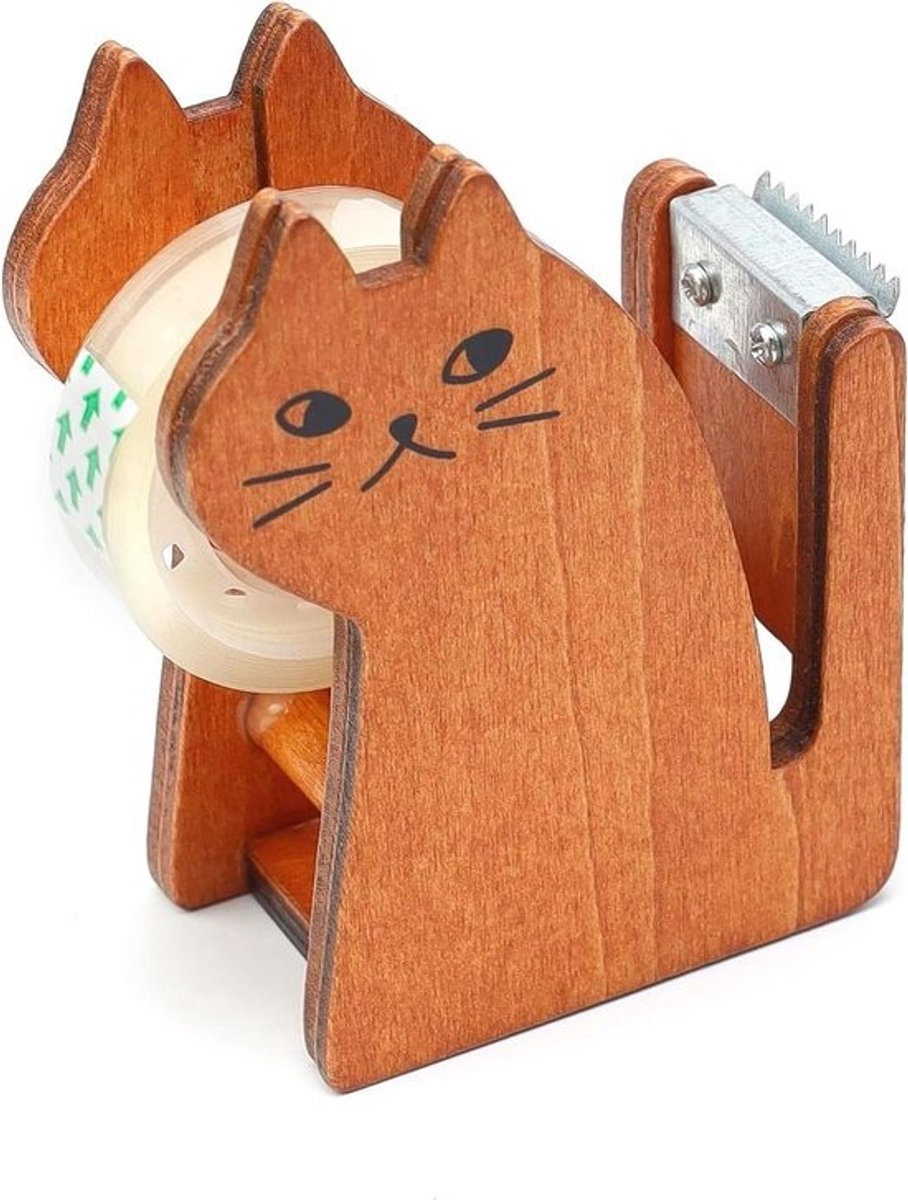 Kattenvormige tapedispenser - Lindehout - Vintage plakstrip - Creatief kindercadeau