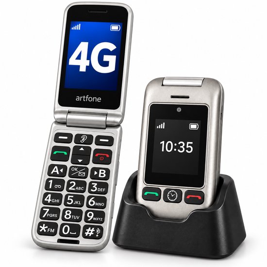 Artfone G6 seniorenklaptelefoon met 4G, met het display dat 10:35 toont, naast een opengeklapte telefoon met een toetsenbord.