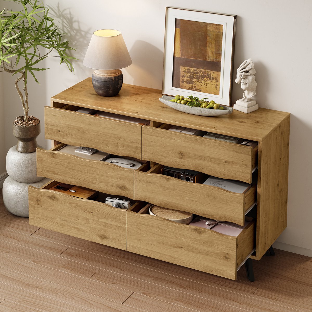 WUVRIE Ladekast 120x40x75,5 cm - 6 lades, houtlook en zwarte metalen poten - Hout Houtkleur