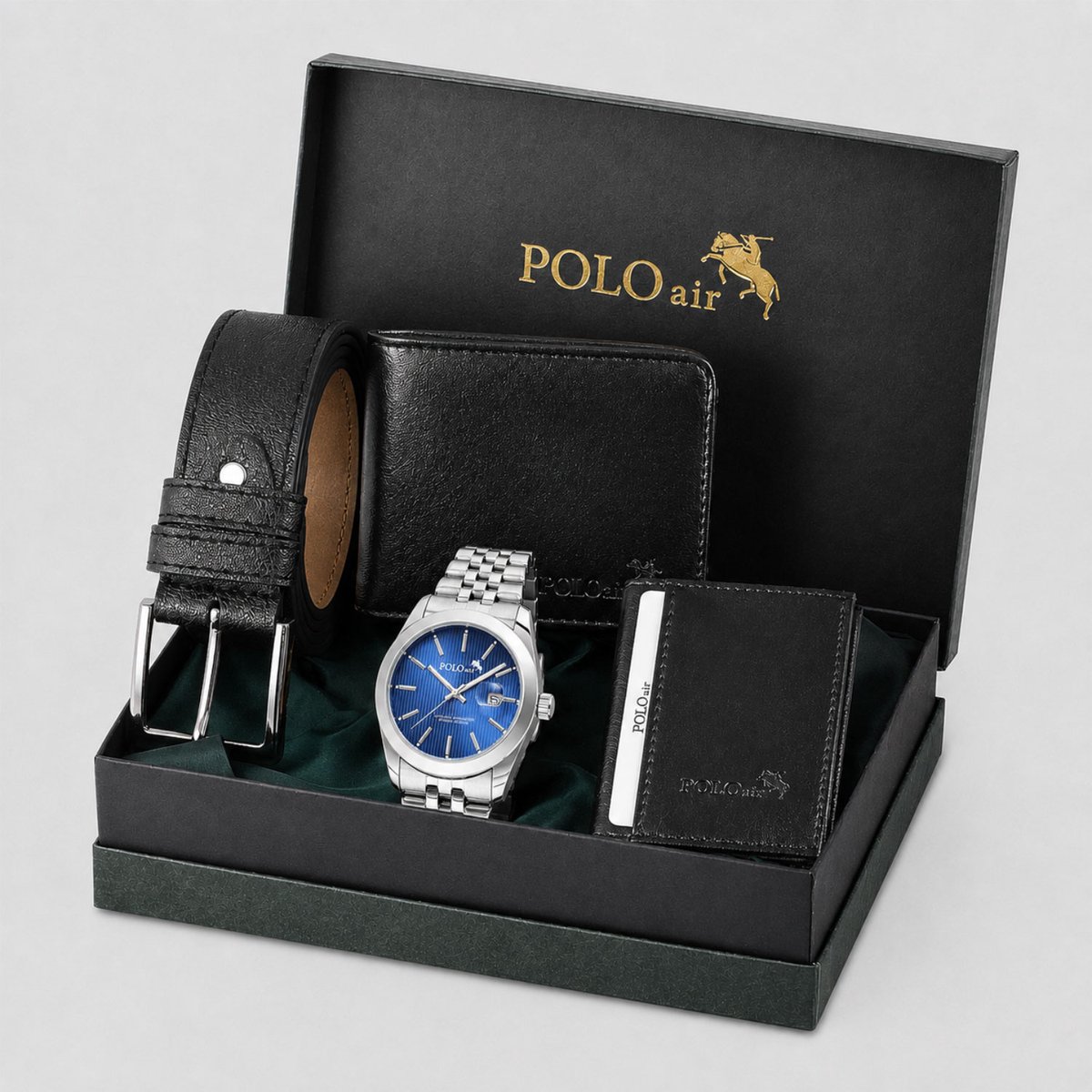 Polo Air Royal Onyx - Cadeau voor Vriend - Herencadeau Set - Verjaardagscadeau Man - Sinterklaas Surprise Cadeau - Kerstcadeau Collega - Zakelijk Cadeau - Zwarte Riem, Portemonnee & Pasjeshouder - Blauw Horloge met Datum - Geschenkset Mannen