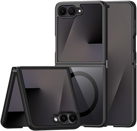 Dux Ducis Aimo hoesje voor Samsung Galaxy Z Flip, mat zwart, met MagSafe-compatibel magnetisch bevestigingsgebied op de achterkant.