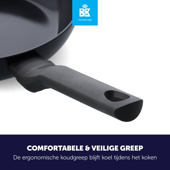 Detail van een zwart koekenpanhandvat.