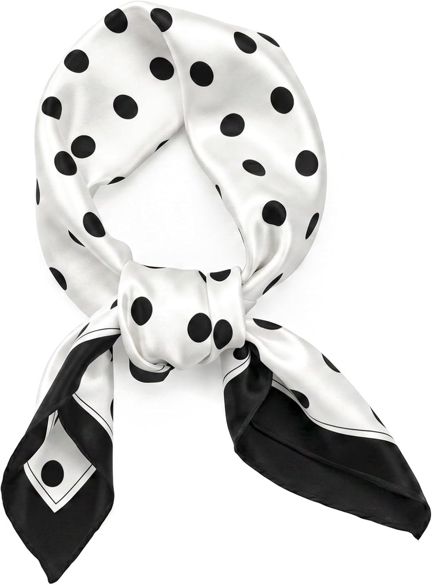 Halsdoek dames 66 x 66 cm - zwart-wit gestippeld - vintage zijde - modieuze bandana - ShopVlot