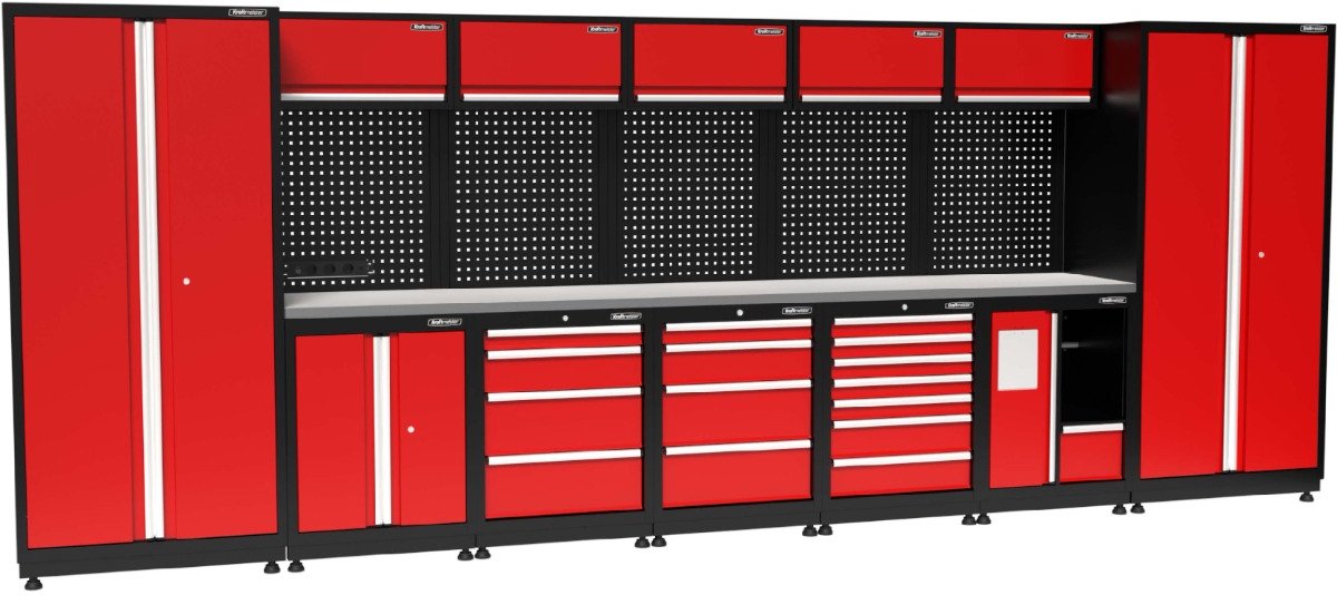 Kraftmeister werkplaatsinrichting - Werkbank met 5 wandkasten, 2 werkplaatskasten en RVS werkblad - Werktafel met 15 laden, 1 opbergkast, 1 prullenbak en gereedschapswand - Complete set voor werkplaats of garage - Rood