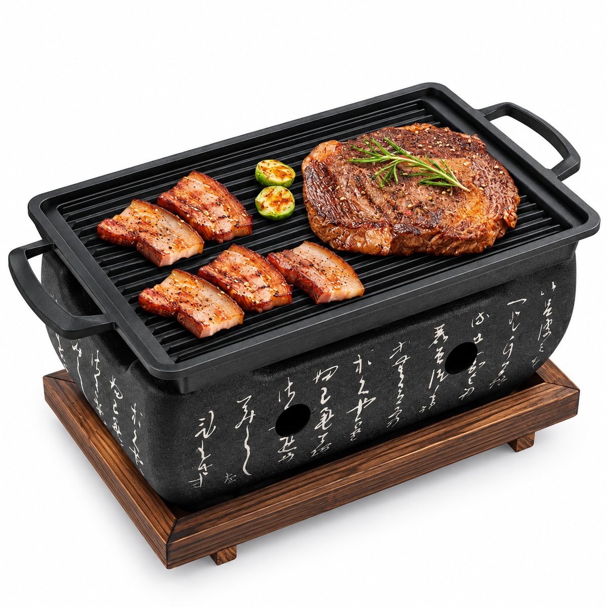Hibachi Grill – Keramische Tafelbarbecue op Houtskool – Compact met Houten Onderstel – 24 x 12,5 x 11,5 cm