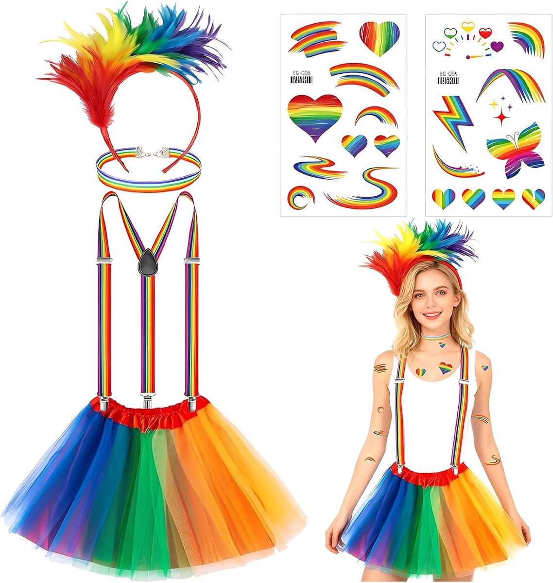 Rainbow Costume Women's 6-Piece Rainbow Tulle Skirt Braces Headband with Feathers Tattoo Stickers & Necklace Csd - ShopVlot