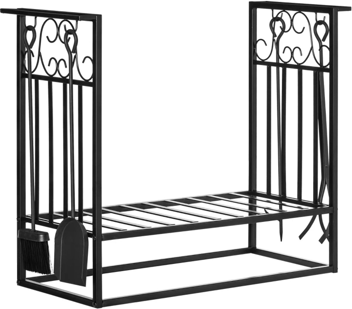 Haardaccessoires - Brandhoutstandaard Met Haardbestek - Brandhoutrek - Haardgereedschap - Staal - 75 x 30 x 60 cm - Zwart