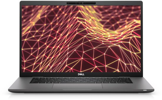 Dell Latitude 7530 laptop, open en recht van voren, met een scherm dat een netwerkvisualisatie toont.