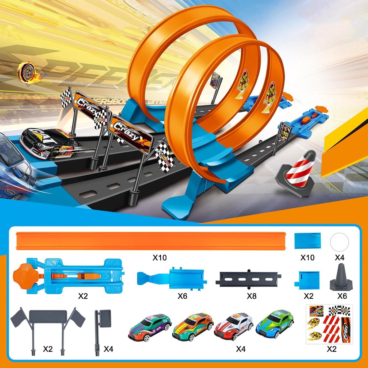 4 Raceauto's En 3 Verwisselbare Baanmodi – Racebaan Speelgoed Met Dubbele U-Baan – Lichtmetalen Auto's En 4-Versnellingslanceerder – Zelf In Elkaar Te Zetten – Ideaal Cadeau Voor Kinderen Vanaf 3 Jaar – Oranje