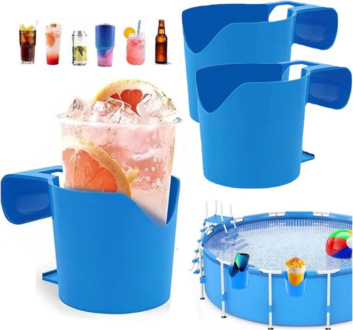 Zwembad bekerhand - zwembad accessoires - plastic bekerhand - afneembaar - geschikt voor dranken / mobiele telefoons - driedelige set - blauw