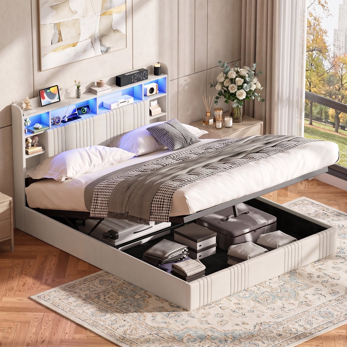 Opbergbed 140x200 cm met RGB-ledverlichting en USB-poorten, Gestoffeerd hoofdbord met opbergruimte, Tweepersoonsbed met lattenbodem en hydraulische lift, linnen Beige