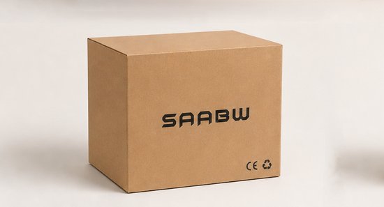 Bruine kartonnen verpakking met het SAABW logo en CE-markering.