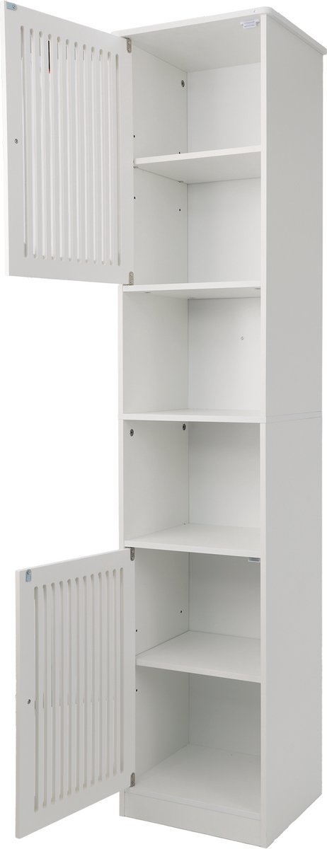 Badkamerkast - Hoge Smalle Opbergkast Met Lamellendeuren En Verstelbare Planken - Vrijstaande Kast Voor Handdoeken En Verzorgingsproducten - Wit MDF