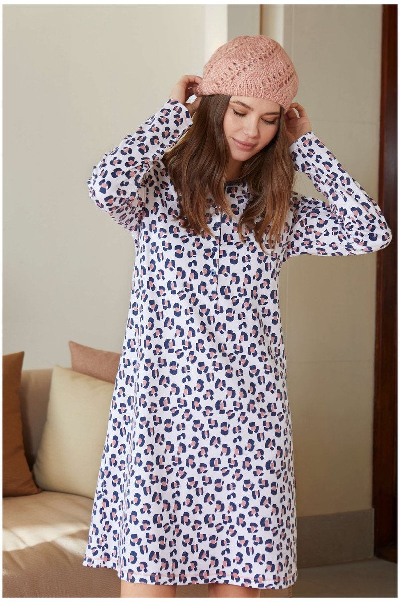 Barandi Tess Damesnachthemd van Katoen – Lange Mouwen – Luipaardprint Donkerblauw/Roze- S