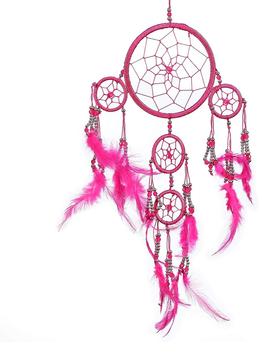 Handgemaakte Boho Dromenvanger: Ethische Hangende Dream Catcher van Pink Pineapple als Wanddecoratie met Veren en Zilver Kralen in een Traditioneel Haakontwerp - 12cm Breed, 35cm Lang (Fuchsia)