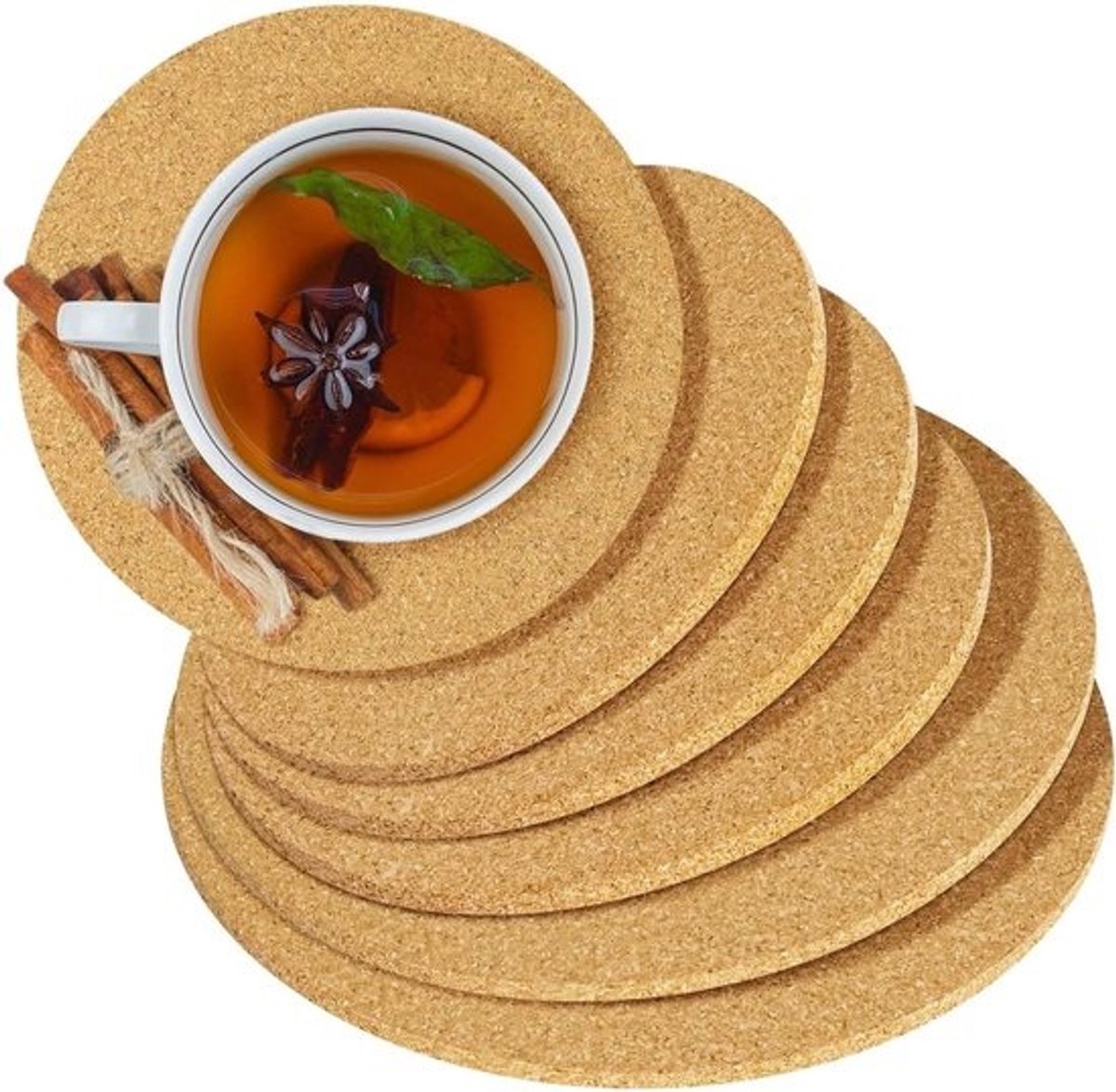 Set van 6 ronde kurken onderzetters van 15/18/20 cm, 5 mm dik - Voor pannen en heet servies