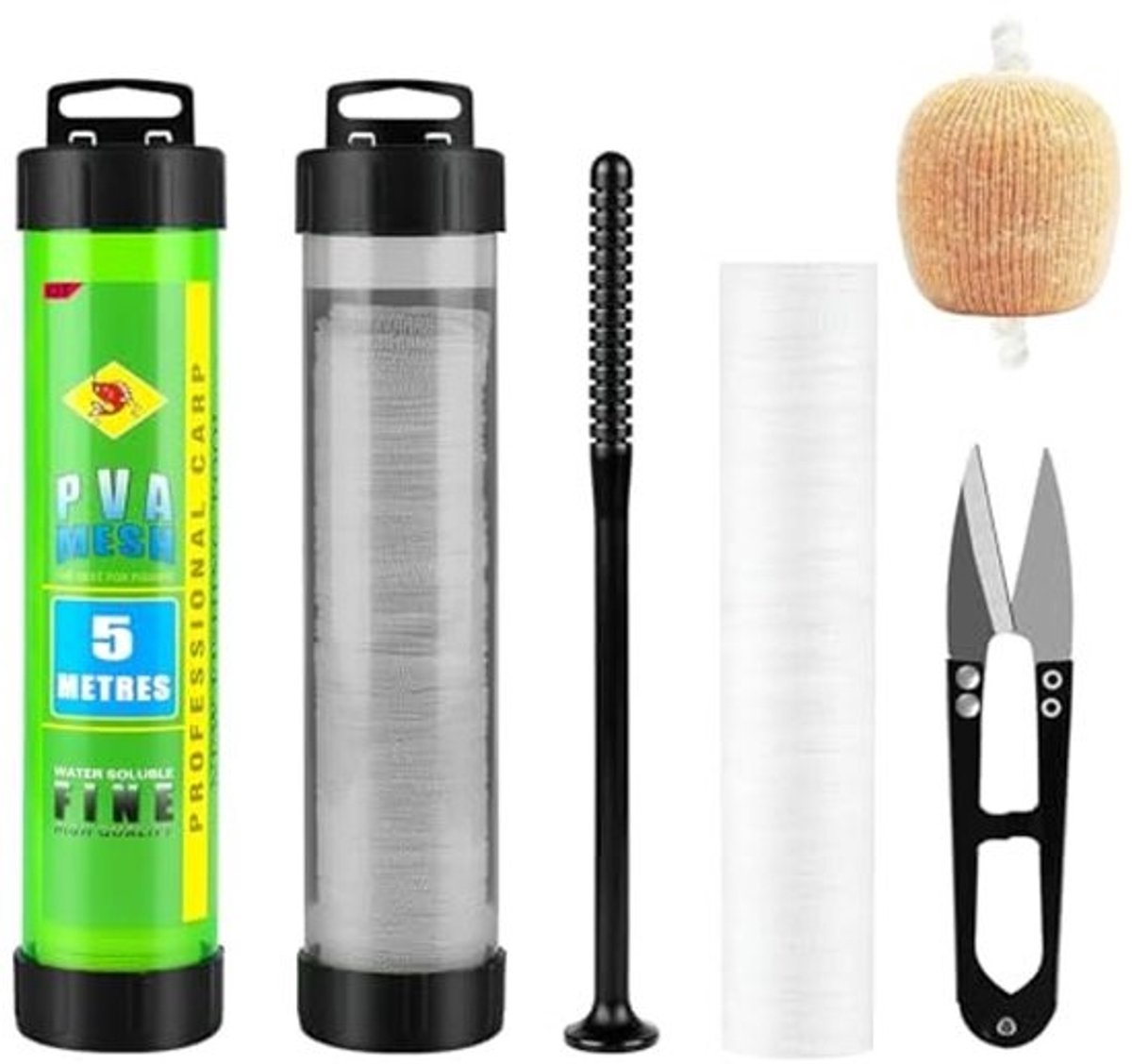 PVA-net voor vissen - 5 m, 18 mm/25 mm/37 mm - visset met schaar, snel smelten en trechter