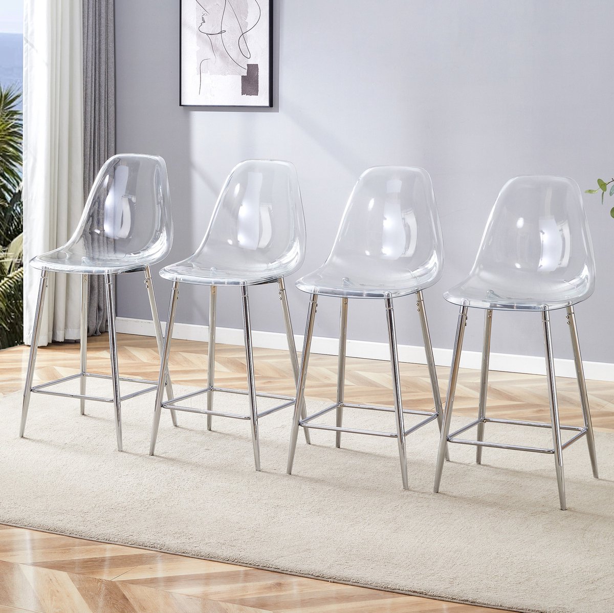 REDOM Barkrukset van 4 - Transparante kunststof zitschaal - Metalen onderstel met voetsteun - Rugleuning - Keuken en bar - Zilver - 45 x 51 x 102 cm