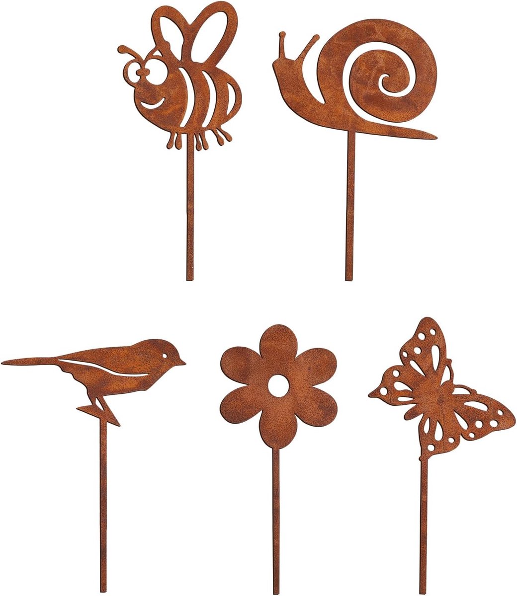 5 stuks tuinpalen van geoxideerd metaal, decoratie voor buiten, weerbestendig, decoratieve palen voor tuin, terras, balkon, bloembed en buitentuin
