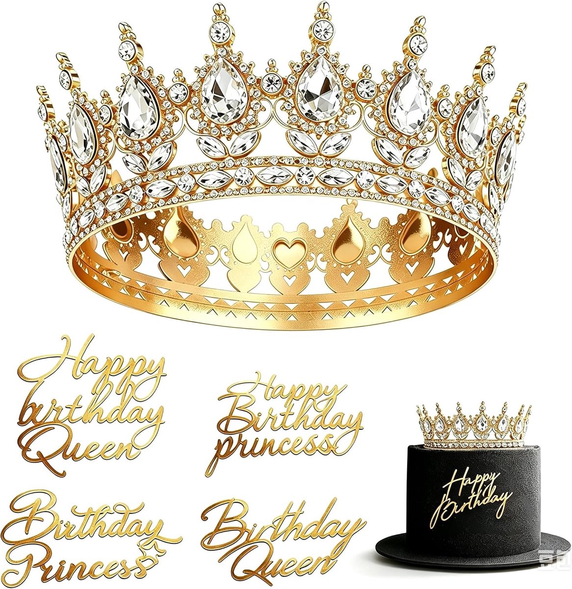 Mooie tiara, verjaardag voor meisjes, koningin, prinses, voor taart, met 4 Happy Birthday-taartdecoratie, verjaardagskroon, koningin, prinses, tiara, bruidstiara