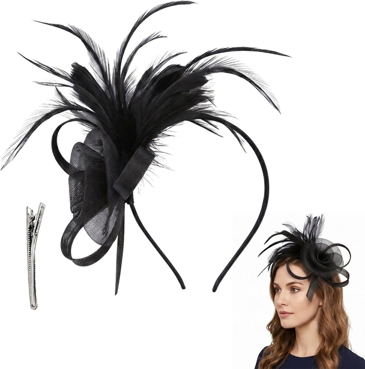 Fascinator voor dames, met kant, veren en net, haarcliphoed voor bruiloften, avonden, cocktails, één maat
