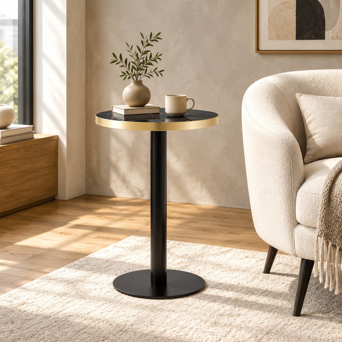 REDOM Bijzettafel - Rond MDF tafelblad met marmerlook - Metalen zuilvoet - Gouden rand - Moderne stijl - Zwart - 60 x 60 x 73,7 cm