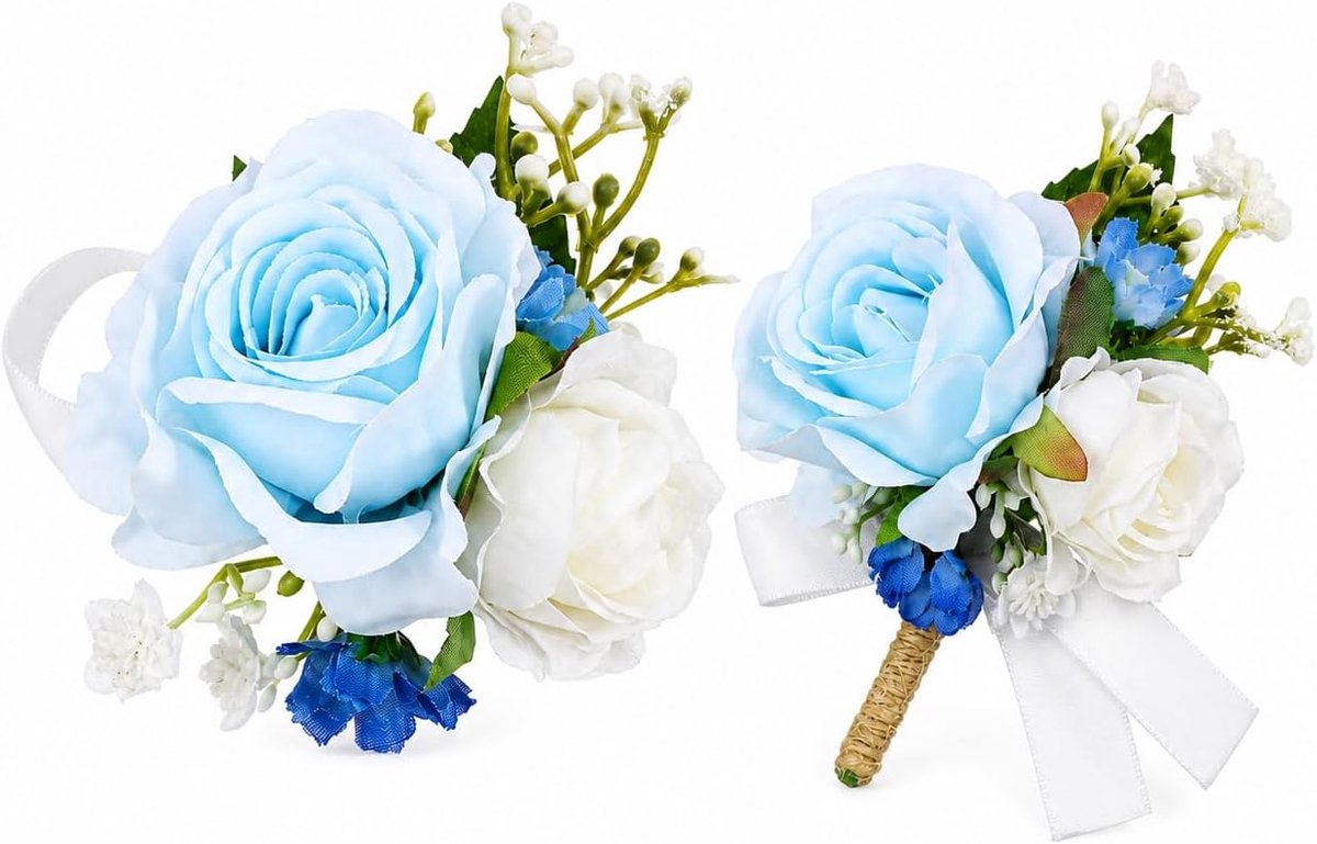 2 stuks bruiloft corsage boutonniere set lichtblauw rozen