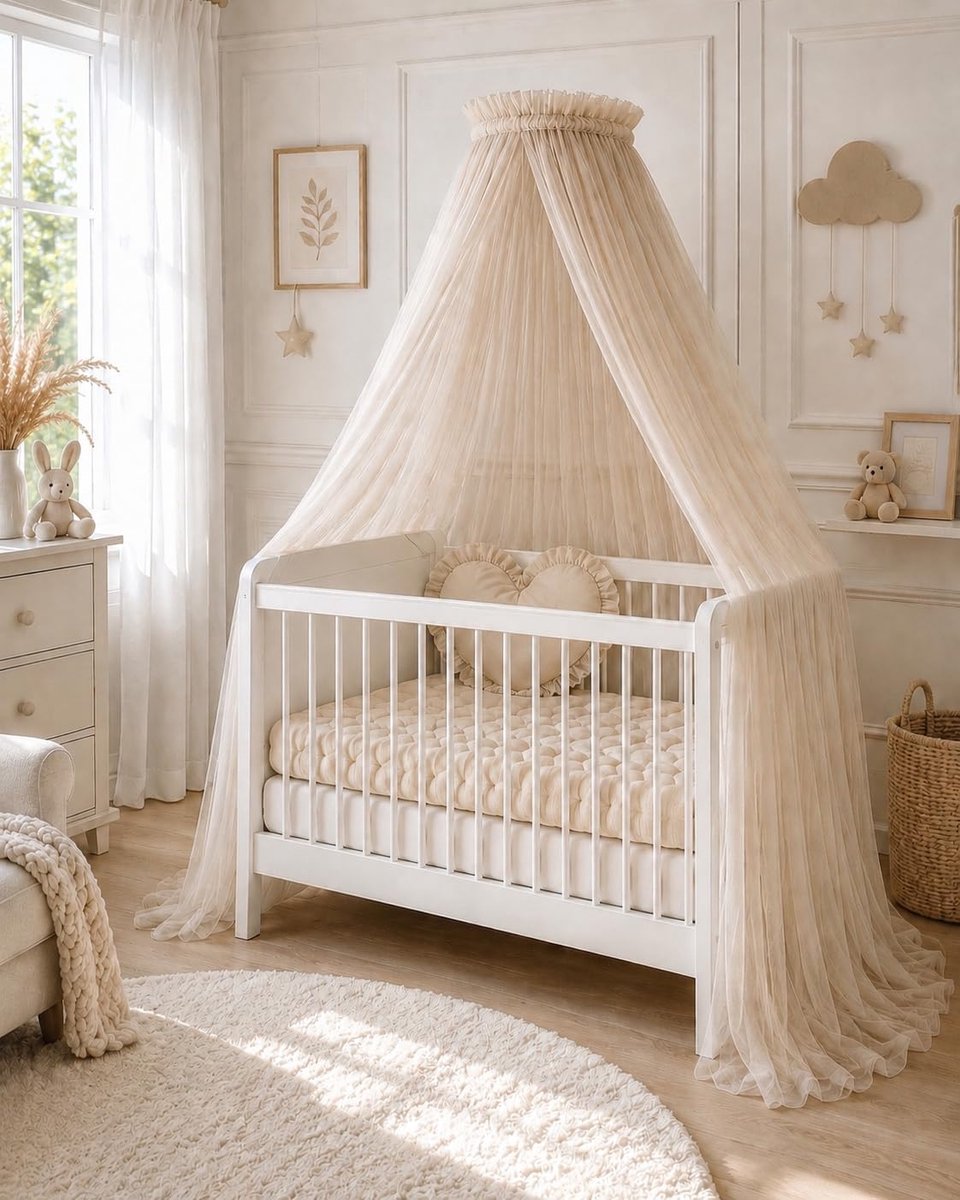 Fancyroom Luifel voor babybed, prinsessen, babybed, muggennet, babykamer, decoratie, luifel, premium tule (beige, bedluifel zonder pompon)