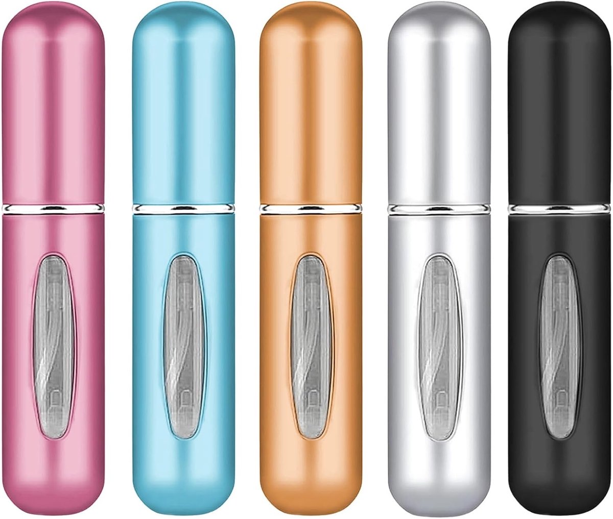 5 stuks Reis Mini Bottle Set, 5ml Waterdichte Parfum Spray Fles Lege Spray Fles Gemakkelijk op te laden, Draagbare Vrouw Outdoor Activiteiten Vakantie en Zakelijke Draagtas