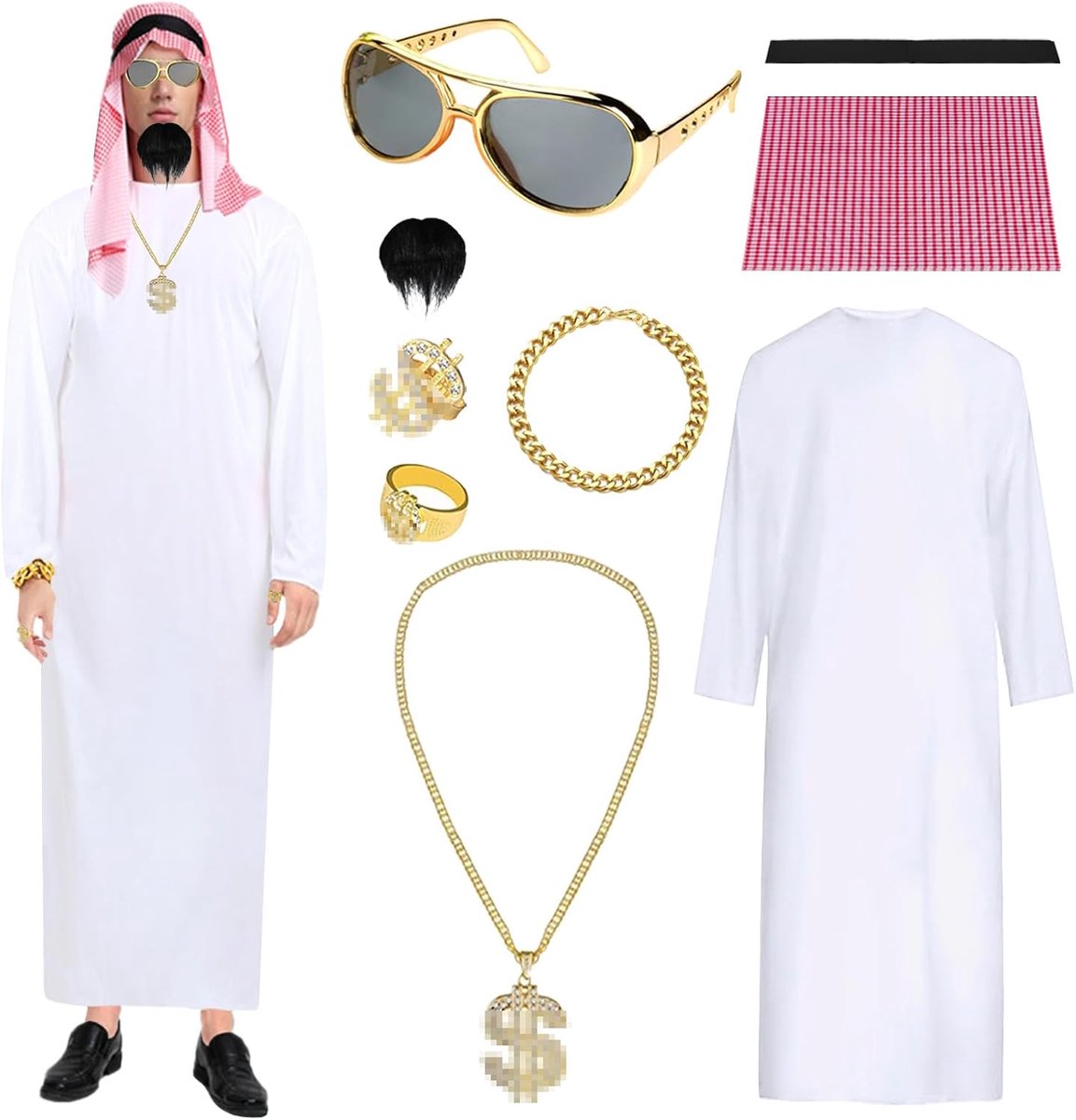 Arabische jurk voor heren, Arabisch sjechisch kostuum, wit, met bandana, vingerring, halskettingen, baard, armband, bril, voor carnaval, party, cosplay