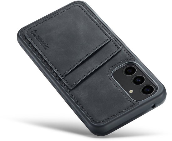 Donkergrijs Casemania hoesje met kaarthouder, getextureerde zijkant, zwart frame en cameramodule.