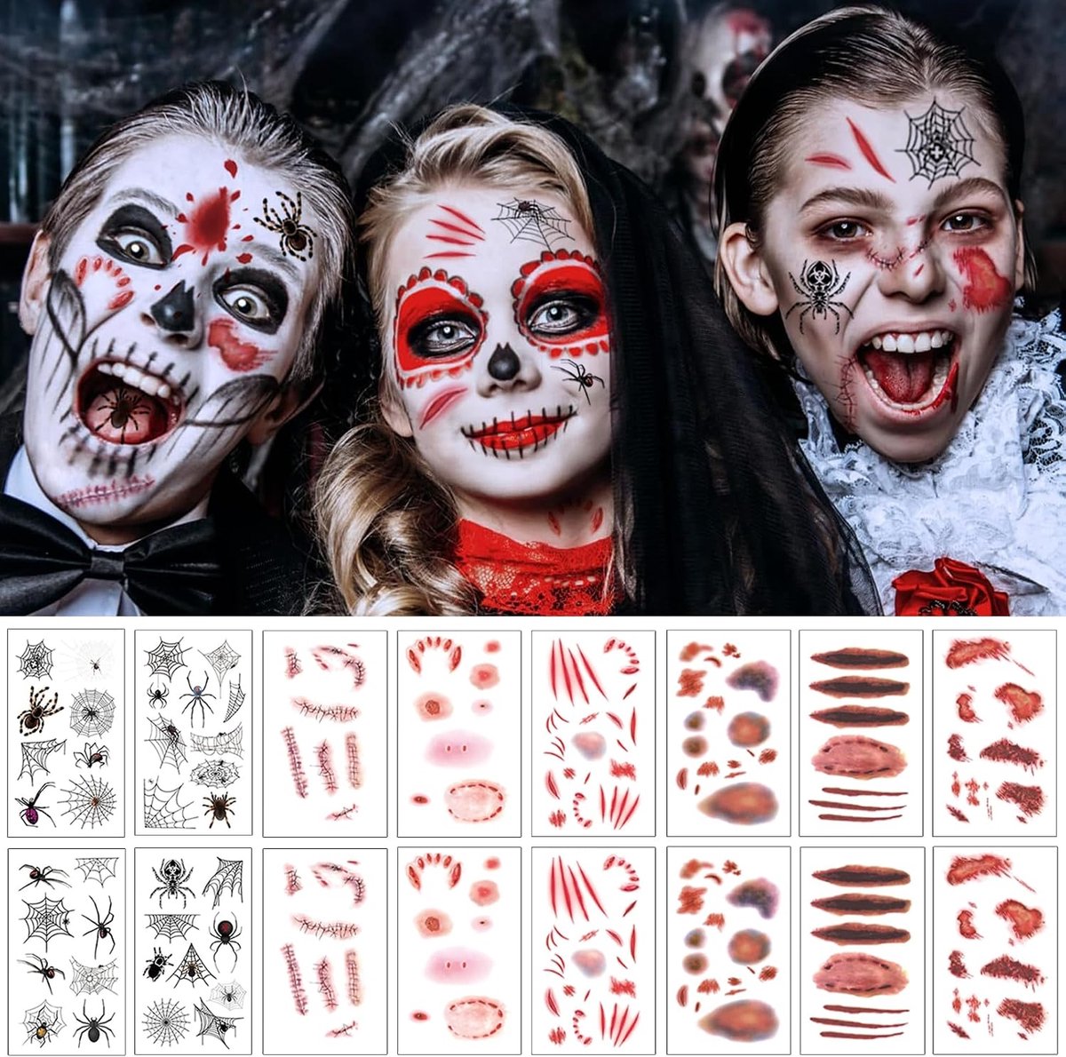 Carnaval, 17 vellen Halloween tatoeages kinderen, littekens, wonden, spinnen, gezicht, tatoeages, accessoires, carnaval, volwassenen, kinderen, duivel, zombie, vampierkostuum, meisjes