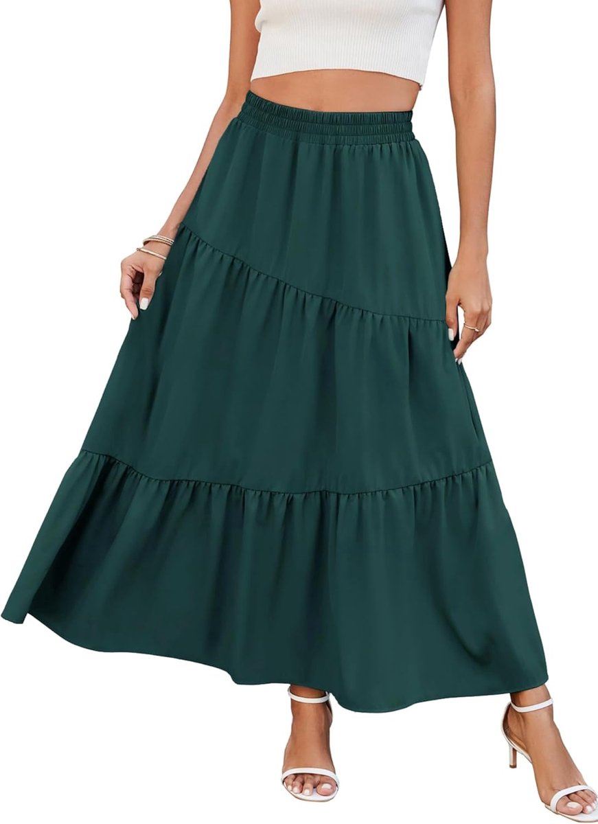 Lange damesrok met zakken, maxi-rok, hoge elastische taille, zomer, A-lijn, effen, flowy zomerrok, casual, elegant, bloemen, plisseerrok, strandrok, plooirok