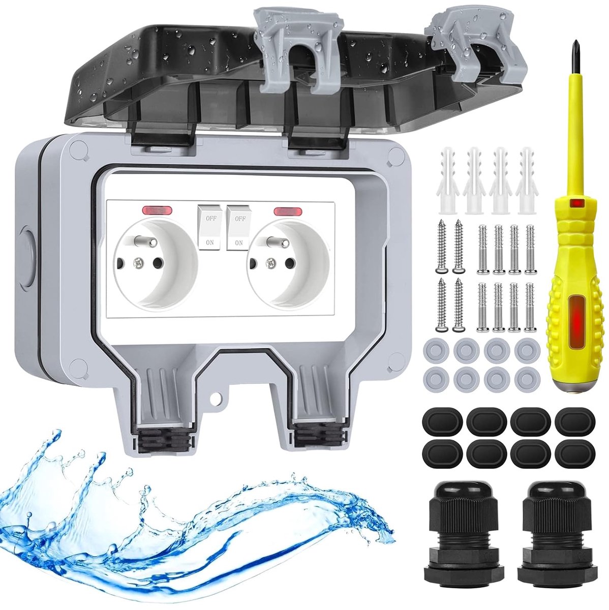 Buitenstopcontact Met Schakelaar - IP66 Waterdicht, Weerbestendig - Controlelampje, Opbouw, Outdoor Voor Tuin - Wandcontactdoos Met Afsluitbaar Klapdeksel