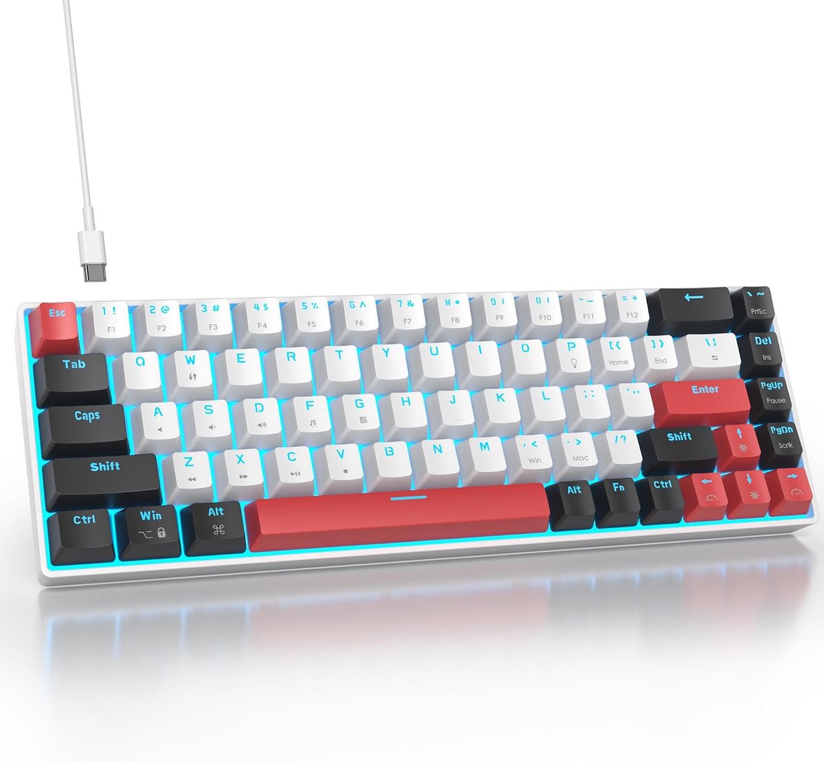 Gaming Toetsenbord Wit 60% - Mini Mechanisch 65% LED Achtergrondverlichting, 68 Toetsen Bedraad Gamer Toetsenbord Amerikaanse QWERTY met Rode Switches