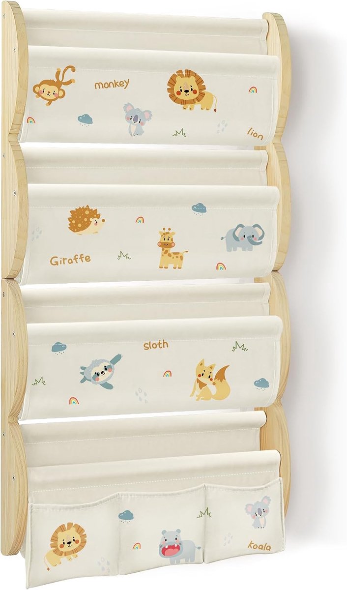 Boekenkast voor kinderen, wandrek, met 4 planken en 3 vakken, kinderrek, wandrek, kinderkamer, plank, golfvormig, massief hout (jungle-dieren)