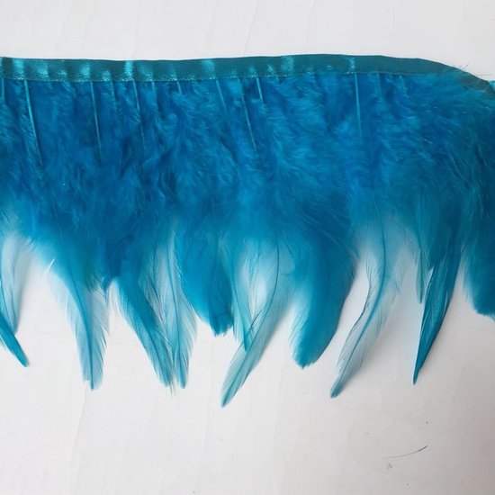 Veerfranje met gekleurde hanenveren, voor kostuum, decoratie, kleding, verpakking van 4,57 m, turquoise — afbeelding 2