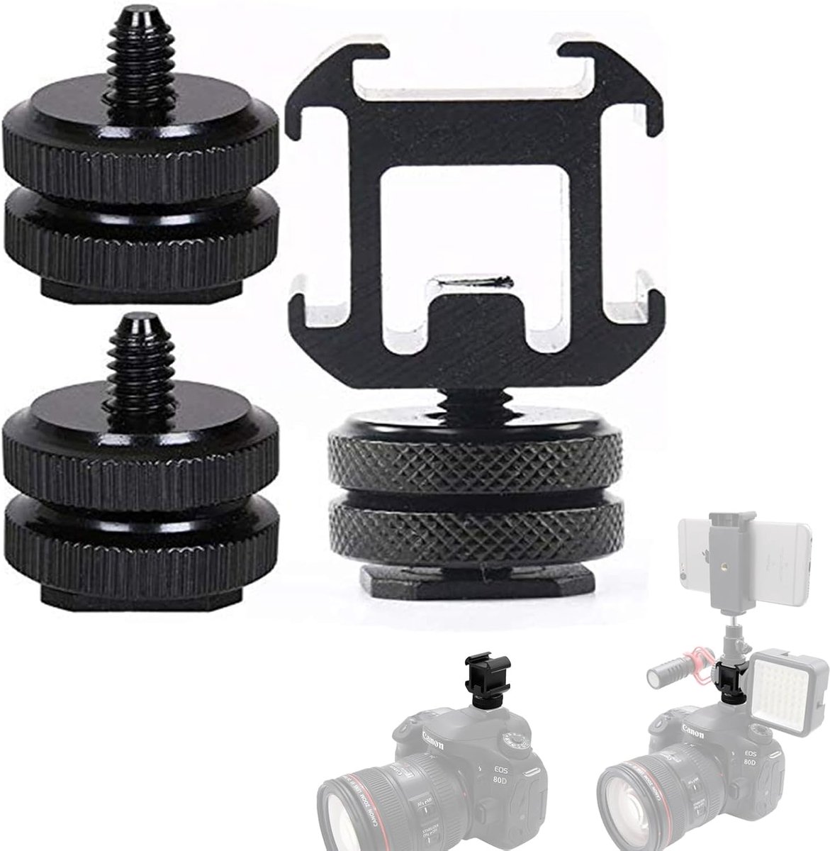 1 stuk hot shoe mount/flitsschoenadapter voor flitslichten, 2 stuks dubbele schroef 1/4 inch hoek, voor spiegelreflexcamerahouder