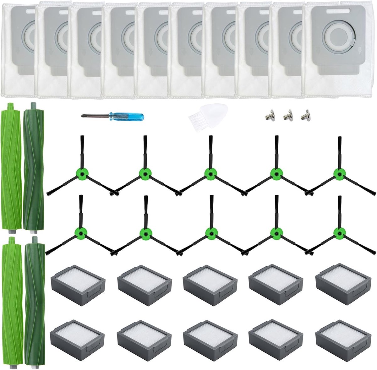Vervangingsaccessoires voor Roomba I-serie i1+ i2+ i3+ i4+ i6+ i7+ i8+, J-serie j5+ j6+ j7+ j8+ j9+ (2 rubberen borstels, 10 filters, 10 zijborstels, 10 stofzakken)
