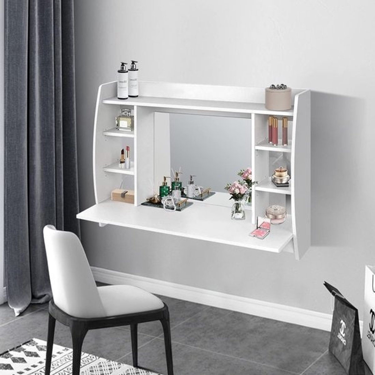 Kaptafel met spiegel - cosmeticatafel - make-up aanbrengen - royale opbergruimte - 110 x 75 cm - wit