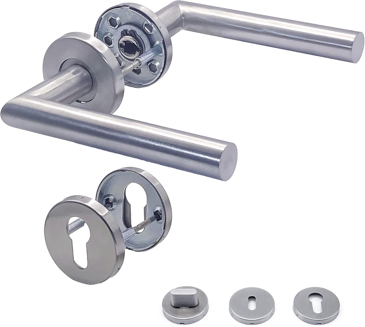 Deurkrukgarnituur kamerdeuren INOX deurklink voor voordeur en binnendeuren deurbeslag rond rozetgarnituur roestvrij staal mat deurgarnituur WC | PZ | BB Model H-0204