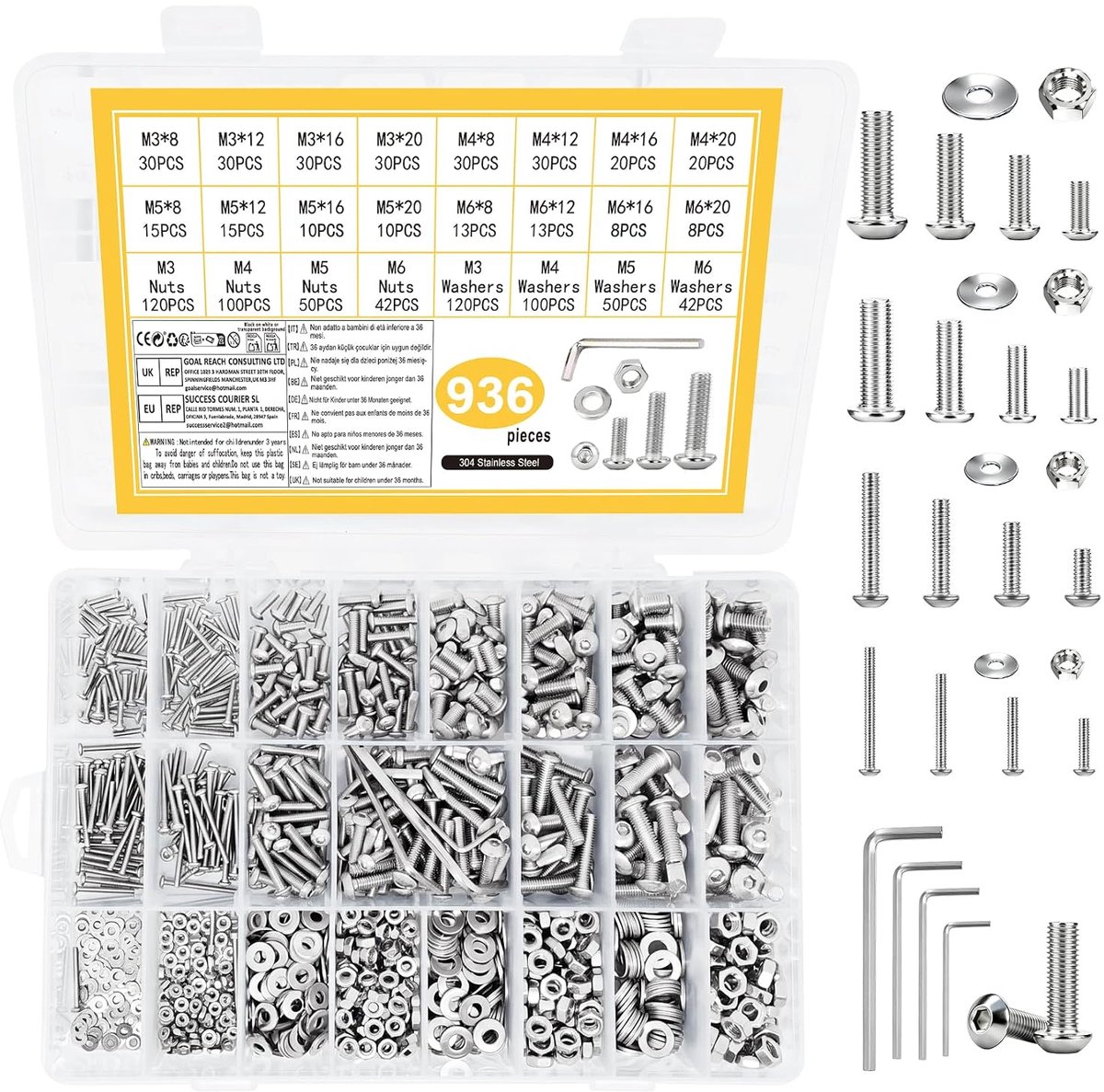 936 stuks M3 M4 M5 M6 schroevenset, ronde kop binnenzeskant schroeven moeren set, roestvrij staal inbusschroeven met moeren, lenskopschroeven schroefdraad schroeven met sluitringen sets