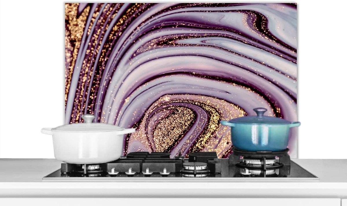 Spatscherm Keuken - 90x60 cm - Marmer - Roze - Goud - Glitter - Marmerlook - Luxe