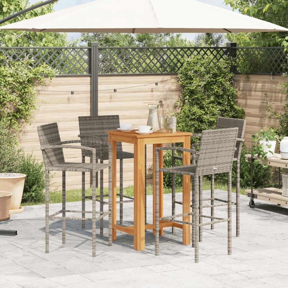 5 -delige Tuinbar Ingesteld met Grijs Hout en Poly Rattan, Lichtgewicht en Gemakkelijk Te Verplaatsen, Weerbestendig, Perfect Om Te Dineren of Te Ontspannen in de Tuin