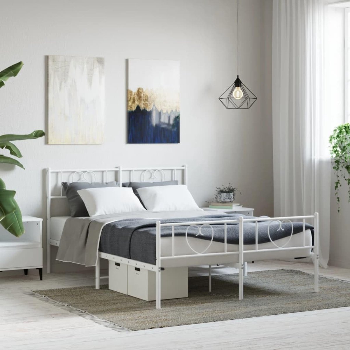 Bedframe met hoofd- en voeteneinde, metaal, wit, 140 x 190 cm, bedframe voor woonkamer, hotelbedframe, slaapkamer, geschikt voor slaapkamer