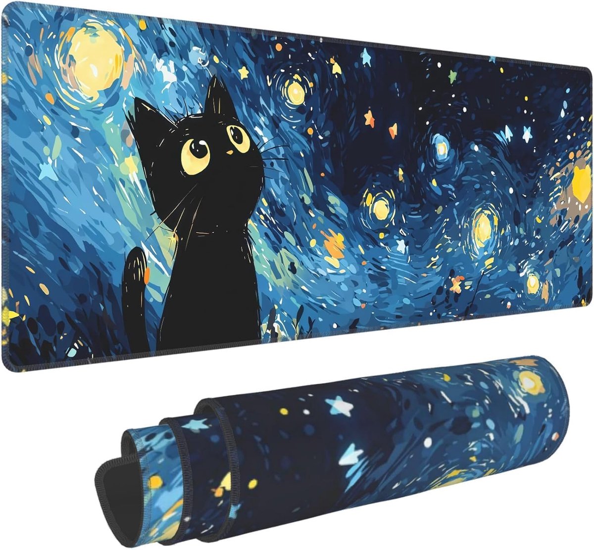 Gaming-muismat, topografische kaarten met genaaide randen, muismat gaming, stijlvolle muismat met antislip onderlegger - (De nachtkat, 30 x 80 cm)
