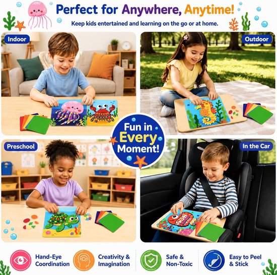 Mozaïekset voor kinderen jaar, 6 kaarten met oceaanthema, creatieve set, EVA-stickers, creatieve activiteit, doe-het-zelf, educatief en reisspel voor jongens en meisjes — afbeelding 3