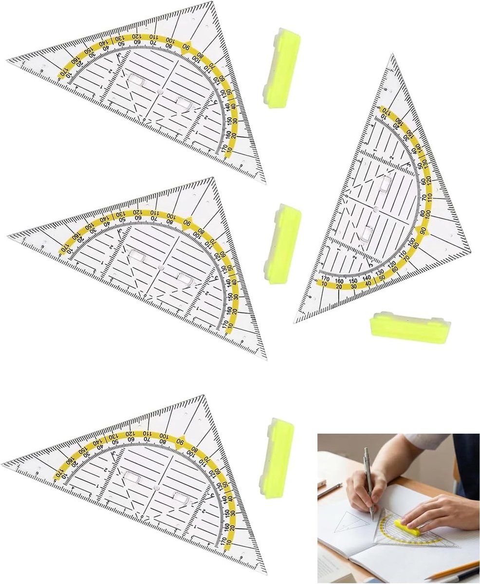 Geodriehoek en tekendriehoek, 4 stuks, met ergonomische handgreep en nauwkeurige schalen voor schoolgeometrie, duurzame kunststof, voor dagelijkse studie en nauwkeurig technisch tekenen